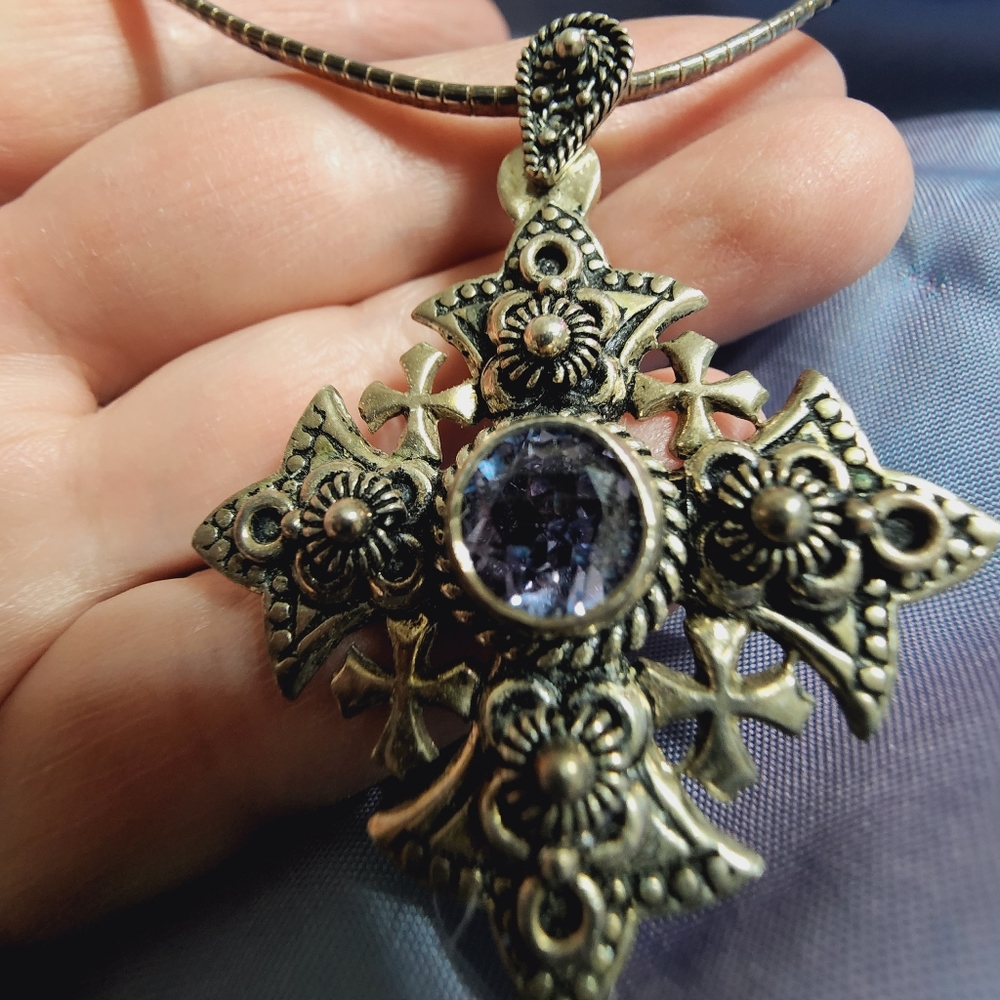 RARE - Vintage Jerusalem Bethlehem Gemstone Sterling Silver Cross - Picture 2 of 4